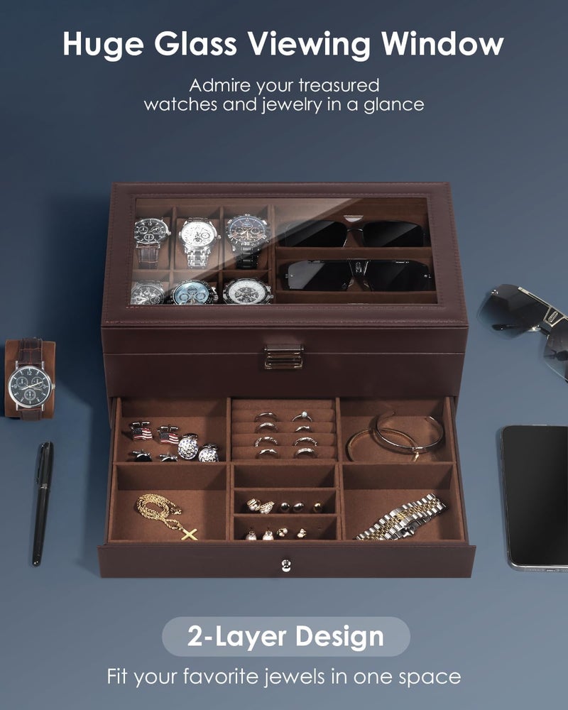Kukikan منظم صندوق مجوهرات الساعات، علبة ساعات بطبقتين و6 فتحات وتخزين للنظارات الشمسية مع غطاء زجاجي كبير، صندوق مجوهرات للرجال مع قفل، علبة عرض لحامل الساعات، هدية للرجال والنساء - Image 3